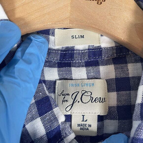 J. Crew Irish Linen Shirt Men’s Large Slim Fit Blue Plaid Preppy Baird McNutt - Picture 2 of 7